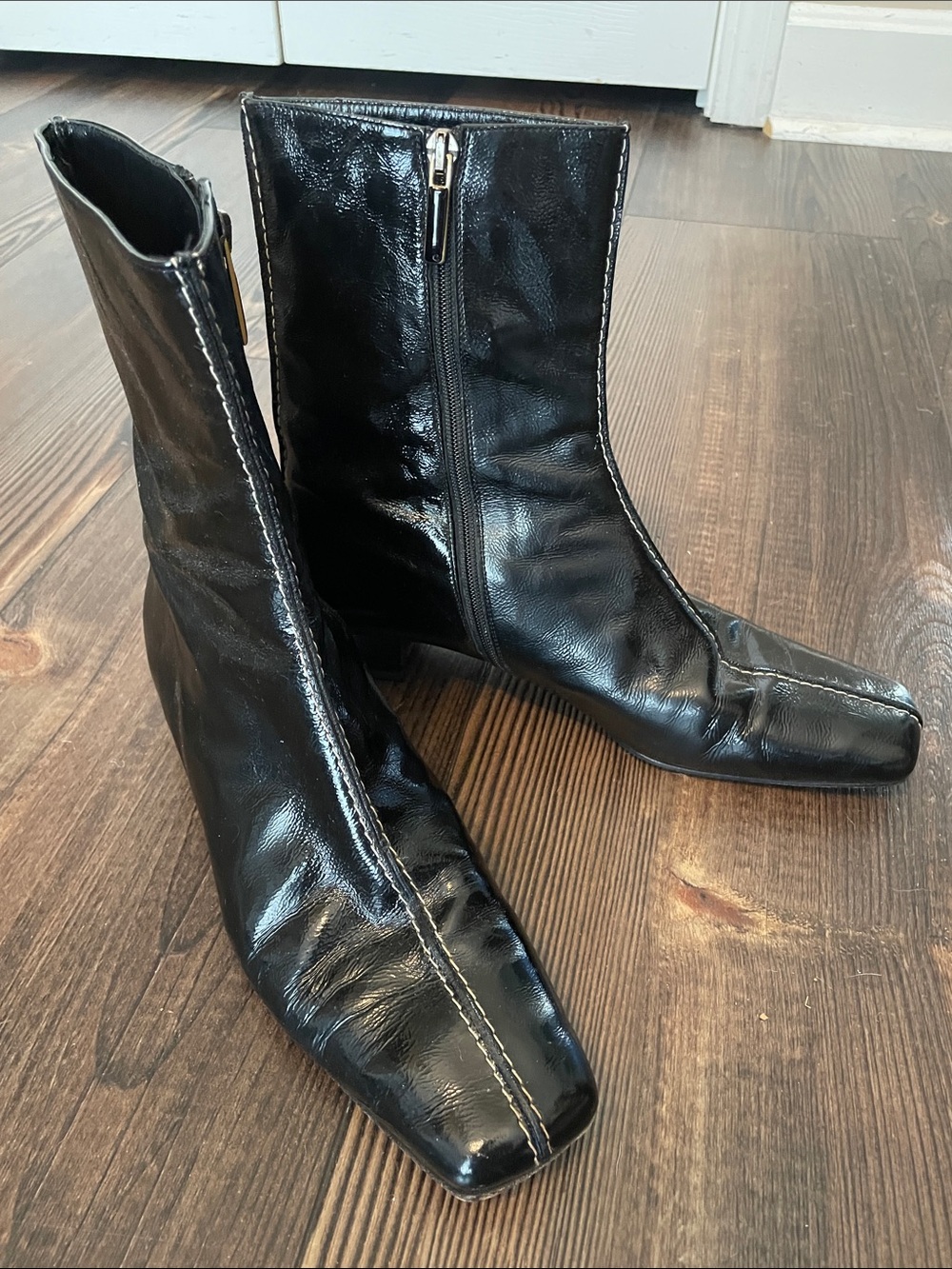 kate spade Black Leather Square-Toe Ankle Boots Block Heel Made in Italy Sz 7.5